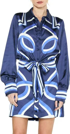 Ciebon Zaria Printed Tie Waist Shirt in Blue Multi at Nordstrom, Size X-Small