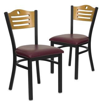Flash Furniture 2 Pk. Black Slat Back Metal Chair - Natural Wood Back, Burdy Vinyl Seat