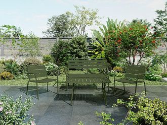 Vente-Unique Set da giardino in metallo: una panchina, 2 poltrone basse e un tavolino - Cachi - MIRMANDE di MYLIA