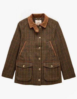 Joules Womens Joules CONTEMPORARY Womens Check Tweed Fieldcoat Brown - Size: 14