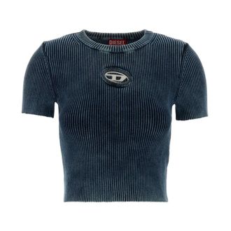 Diesel Tops, Dames, Blauw, S, Geribbelde Gebreide Top met Cut-Out