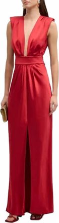 Ramy Brook Quinn Pleated V-Neck Satin Gown In Red