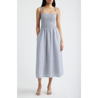 Julia Jordan Tie Shoulder Smocked Midi Dress in Navy White at Nordstrom, Size 16