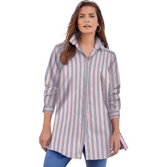 Roaman's Kate Long-Sleeve Crisp Cotton-Blend Button-Front Tunic in Pink Multi Stripe at Nordstrom, Size 42