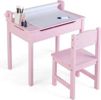 Costway Kids Desk and Chair Set Wooden Toddler Craft Table Lift-top wIth Paper Roll