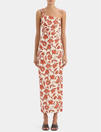 Sir. Chloe One Shoulder Midi Dress In Floral Orange