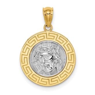 Diamond2Deal 14k Yellow Gold and White Rhodium with Greek Key Edge Jesus Medal