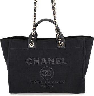 Chanel Black Canvas Leather Shoulder Bag Tote Bag (Pre-Owned)