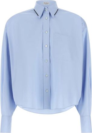 Brunello Cucinelli Monili Trim Crop Shirt - Dames - Overhemden - Blauw - S - Katoen - Overhemden