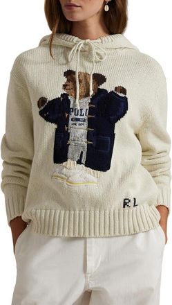 Polo Ralph Lauren Polo Bear Hooded Cotton & Linen Sweater in Parchment Cream at Nordstrom, Size Small