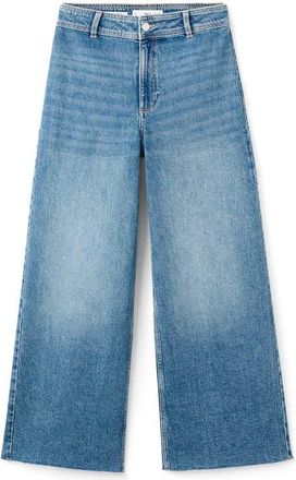 Mango Catherin Frayed High Waist Wide Leg Culotte Jeans in Medium Blue at Nordstrom, Size 16