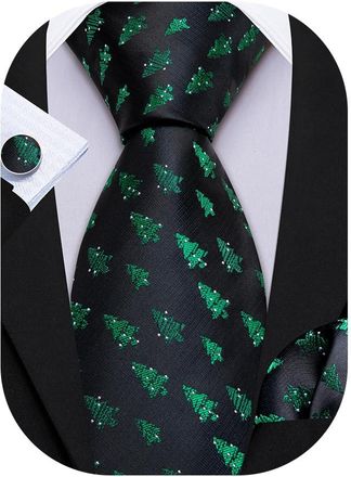 Barry.Wang Christmas Ties for Men Silk Green Black Xmas Tree Necktie Pocket Square Cufflinks Festival Party