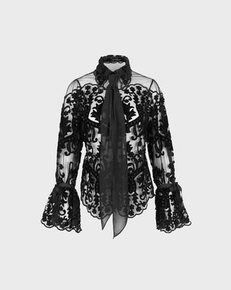 Anne Fontaine Arabesque Semi-Sheer Embroidered Lace Shirt in Black at Nordstrom, Size X-Small Uk