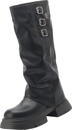 Generic Chunky Platform Shoe, Fold Over Knee High Boots Womens Chunky Block Heel Round Toe Dress Boot with Buckle Wide Fit Calf Slip-On Slouchy Riding Hiking 