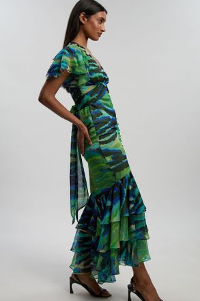 Karen Millen Womens Animal Ruffle Sleeve Button Through Maxi Dress - Multicolour - Size 10 UK