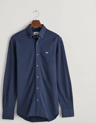 GANT Mens Mens Regular Jersey Pique Shirt - Regular-Fit Jersey Piqu&eacute; Shirt - Navy - Size: 40/Regular