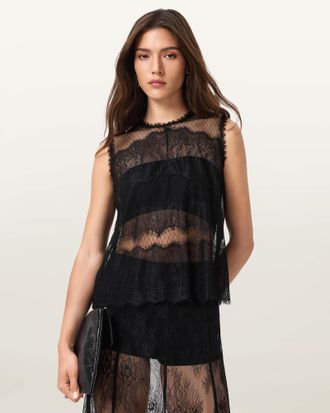 AllSaints Polyester Clara Lace Trim Sleeveless Top, Size: UK 14/US 10