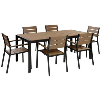 Beliani Conjunto De Jard&iacute;n 6 Plazas De Metal Negro Madera Clara Pl&aacute;stica Mesa Sillas Vernio