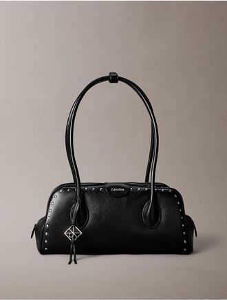 Calvin Klein Womens Emblem Logo Studded Shoulder Bag - Black