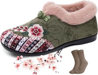 Generic Womens Warm Floral Winter Ankle Boots, Cozy Lightweight Non-Slip Everyday House Shoes Moccasin Indoor Outdoor (Green,5.5)