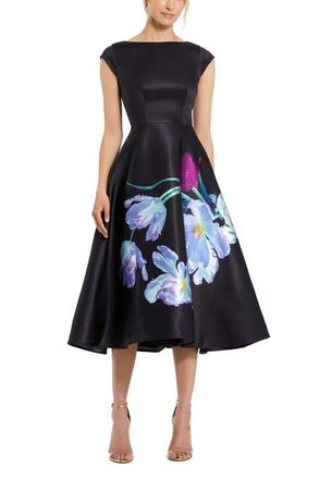 Mac Duggal Petite Satin Cap Sleeve Midi Dress With Floral Print in Black Multi at Nordstrom, Size 4P