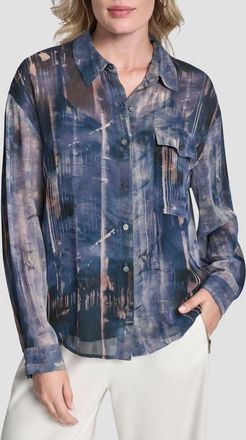 DKNY Print Long Sleeve Button-Up Chiffon Shirt in Hudson Lights at Nordstrom, Size X-Small