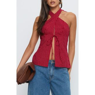 Princess Polly Stripe Cotton Cross Strap Halter Top in Red Stripe at Nordstrom, Size 12