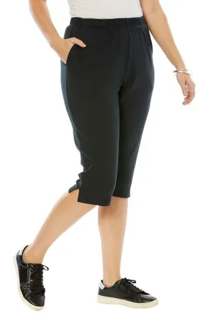 Roaman's Plus Size Soft Knit Relaxed Pull On Capri Pant in Black at Nordstrom, Size Medium