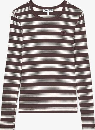 Ganni Brown Long-sleeve Top in Stripe - Size XS Organic Cotton