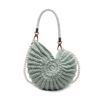 Generic Shell Bag Hand-Woven Shell Bag Unique Knitting Shoulder Handbag Summer Beach Accessory Chic Holiday Pearl Chain Sling Bags(Green)
