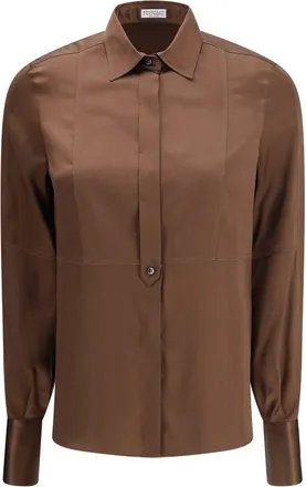 Brunello Cucinelli Brown Silk Dress Womens Shirt