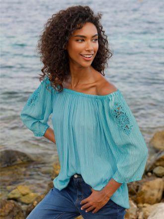 Heine Schlupfbluse HEINE, Damen, Gr. 34, t&uuml;rkis, 100% Viskose, gemustert, unifarben, Carmenausschnitt, Blusen Schlupfbluse