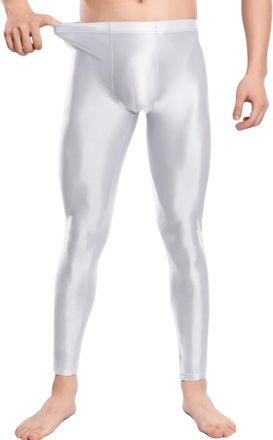 Feoya Mens See Through Oil Glossy Pants Nightwear Shiny Underwear High Waist Tight Legging White M