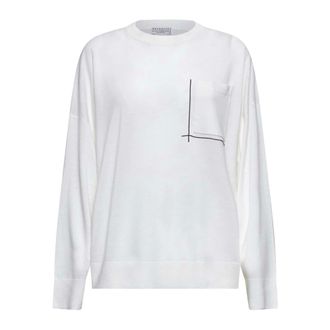 Brunello Cucinelli Brunello Cucinelli, Round-neck Knitwear, female, White, Size: M White Sweater with Shiny Pocket Detail