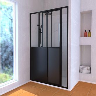 Aurlane Pack Mampara Corredera Negra + Plato De Ducha Blanco 120x80x200 Cm Y Columna De Ducha Termost&aacute;tica