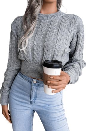 Generic Womens Cable Knit Cropped Jumper Ladies Cashmere Jumpers Crew Neck Waist-Cinched Sweater Top for Fashion Casual Autumn and Winter Wear Soft Warm Relax