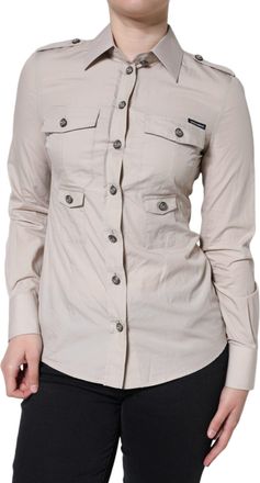 Dolce & Gabbana Womens Beige Cotton Collared Button Down Shirt Top