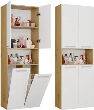 Topeshop Nel 2k Dk Mueble De Ba&ntilde;o - 3 Estantes, 2 Cesto De La Ropa - 60x174x30 Cm - Roble Artisan Blanco