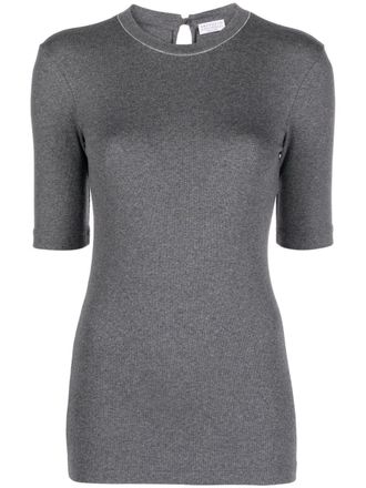 Brunello Cucinelli Monili-trim stretch-cotton T-shirt - Grey