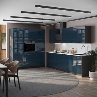 Vicco Mueble De Cocina Fame-line, Azul Oscuro Alto Brillo/antracita, 460 Cm Sin Encimera, Vicco