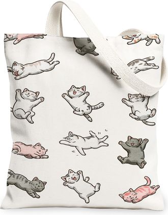 Generic Playful Cats Canvas Tote Bags, Cute Animal Pattern Reusable Grocery Bags, Lightweight Washable Shoulder Strap Canvas for Sh, White, 13x15 Inch