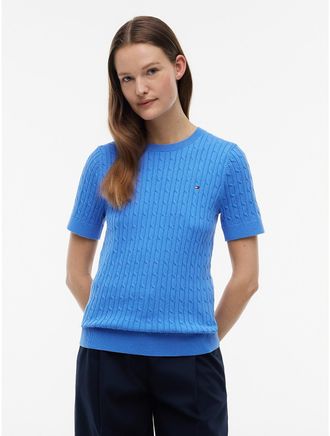 Tommy Hilfiger Womens Short-Sleeve Cable Knit Sweater - Blue - XXL