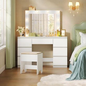 Woltu Dressing Table with Mirror, 7 Drawers Vanity Table with 3 colors led Light, Vanity Desk for Girls - Woltu