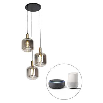QAZQA Dise&ntilde;o L&aacute;mpara Colgante Inteligente Negra Con Cristal Ahumado 3 Luces Con Wifi A60 - Zuzanna Vidrio /acero Redonda Adecuado Para Led Max. 3 X 4.9 Watt
