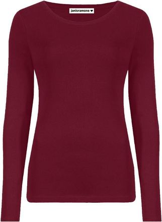 Janisramone Womens Ladies Round Neck Long Sleeve T-Shirt Stretchy Plain Fitted Basic Jersey Casual Tee Top Wine