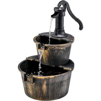 Costway Costway Fuente De Cascada De Barril Al Aire Libre De 2 Niveles, Fuente De Cascada De Agua R&uacute;stica Con Bomba Ajustable, Fuente Independiente De 68 Cm P