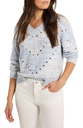 Nic+Zoe Open Stitch V-Neck Sweater in Blue Mix at Nordstrom Rack, Size Large