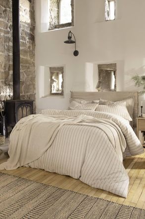 Christy Flannel Stripe 100% Super Soft Brushed Cotton Duvet Sets in Beige | Size: Double