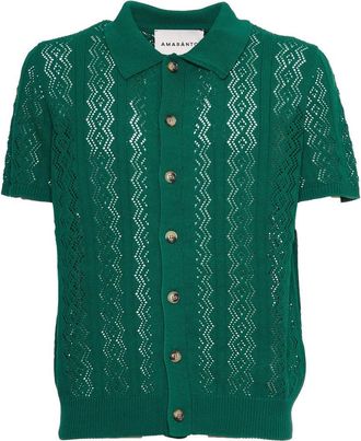 Amaranto Open-Knit Green Polo Shirt With Maroon Stitching