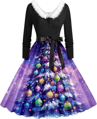 Generic Christmas Dresses for Women Christmas V Neck Fluffy Party Dress Plus Size Claus Costume Outfit Long Sleeve Dress with Belt Autumn Winter Women Dresses